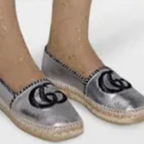 Gucci Authentic Double G Logo Patent Leather Espadrilles Silver Sz 40 - Picture 6 of 8